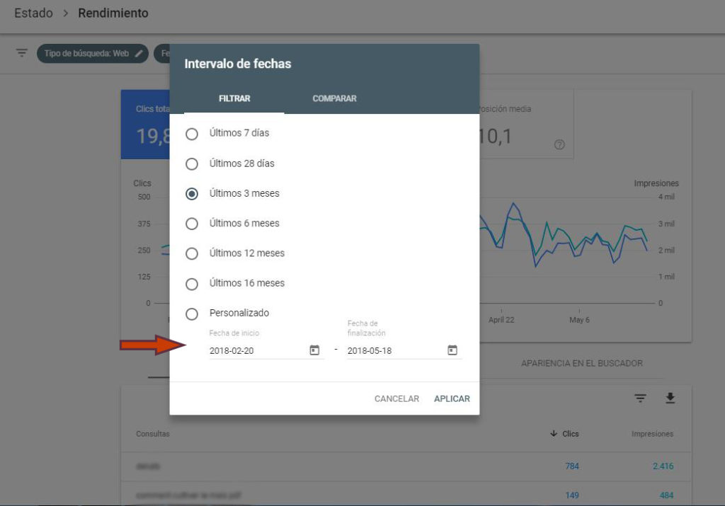 intervalos de fechas search cosole